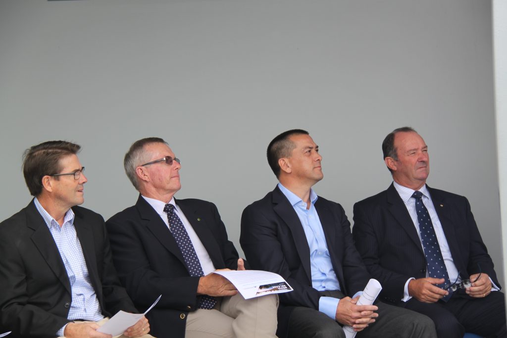 (Left to right) State member for Tamworth Kevin Anderson and Federal Member for Parkes Mark Coulton watch on during the ceremony, flanked by Whitehaven CEO and Managing Director Paul Flynn and Chairman Mark Vaile. 